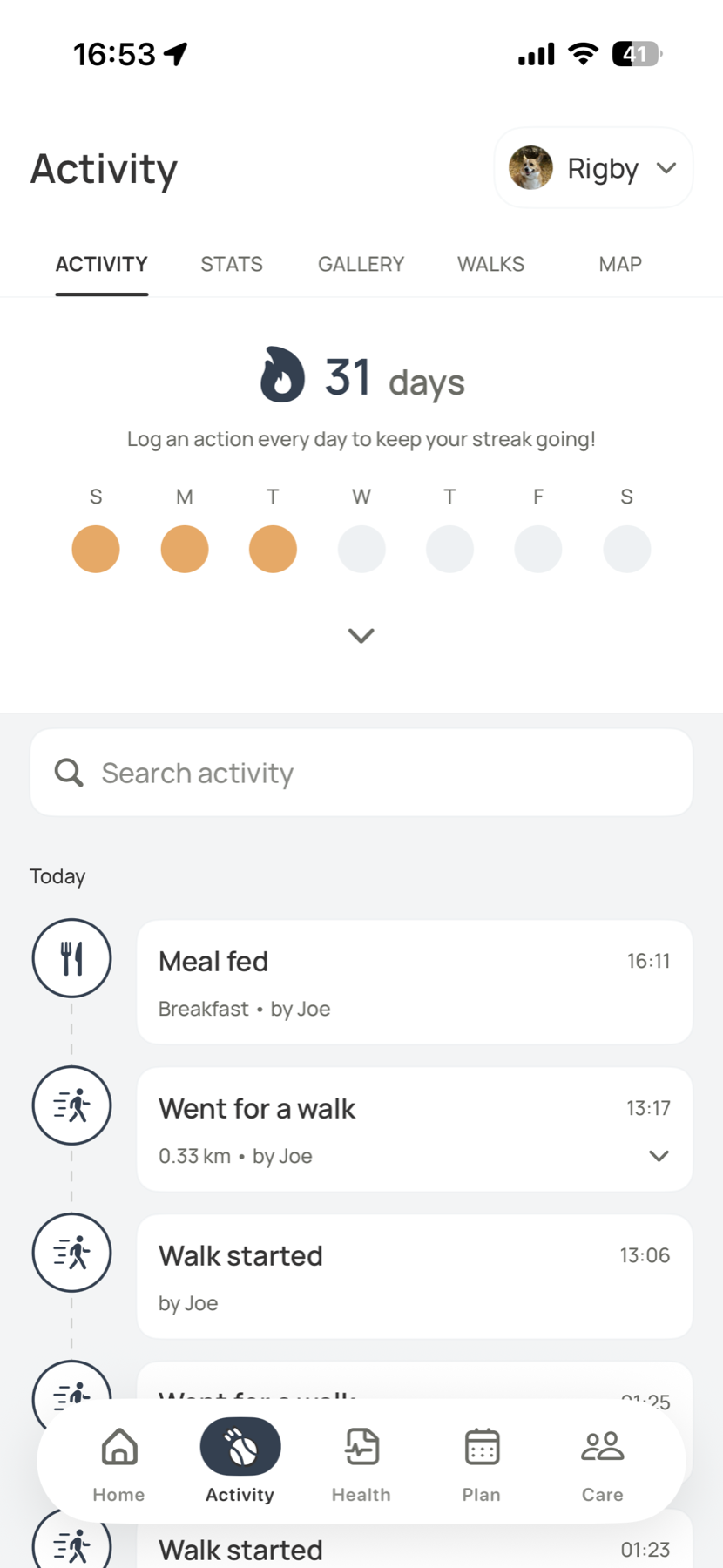 Voffi activity timeline with meal and walk events